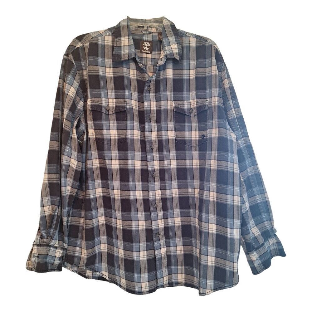 Timberland Plaid Shirt Button Mens XL Cotton Twill Teal Blue Long Sleeve Collar